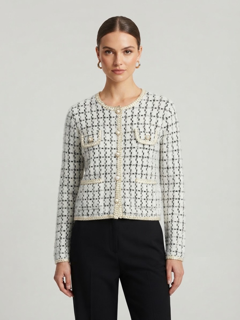 Ivory Bouclé Pearl-Button Cardigan